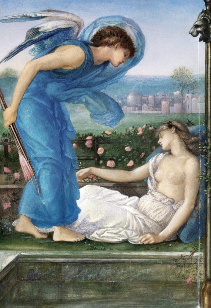 Cupid and Psyche (ca. 1870) painting in high resolution by Sir Edward Burne–Jones. Original from Yale Center for British Art. Digitally enhanced by rawpixel.