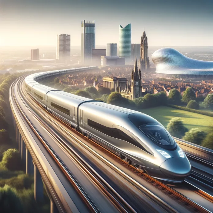 Artist's representation of a high-speed train in Birmingham, UK, amidst the debate sparked by the Public Accounts Committee's report on the termination of the HS2 rail project extension
